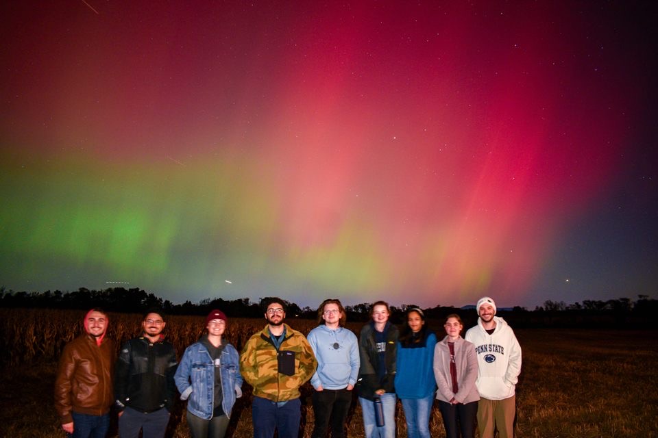 I'm grateful that I've had the chance to make such good friends while pursuing my career. This is a photo of me and some other grad students seeing the aurora (from left to right, Kyle Neumann, Eduardo Gonzalez, me, Christian Robles, Tristen Sextro, Miranda Zak, Aditi Gangadharan, Maddy Reich, Thomas Gaudin, photo taken by Austin Marlow).