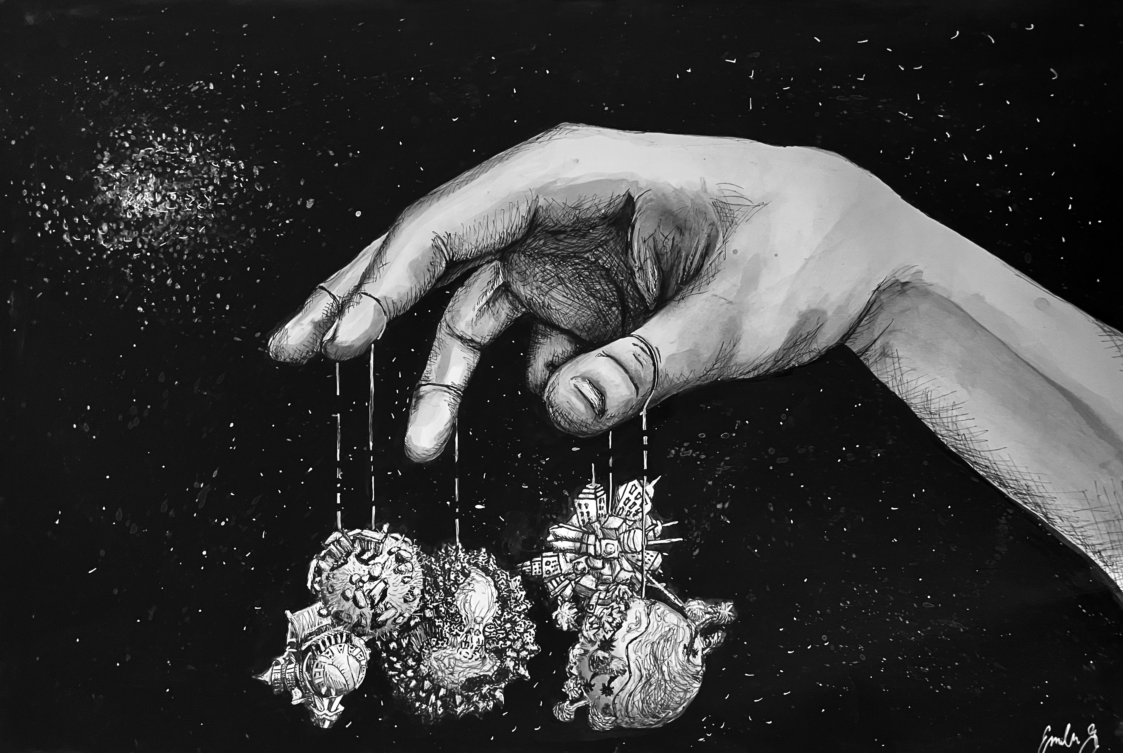 This one is special to me. I think recent events and my own maturity have recontexualized how I feel about this piece, but I think that the ultimate meaning is that man is the ruler of the world(s) that we have created. But, they can easily slip from our grasp.