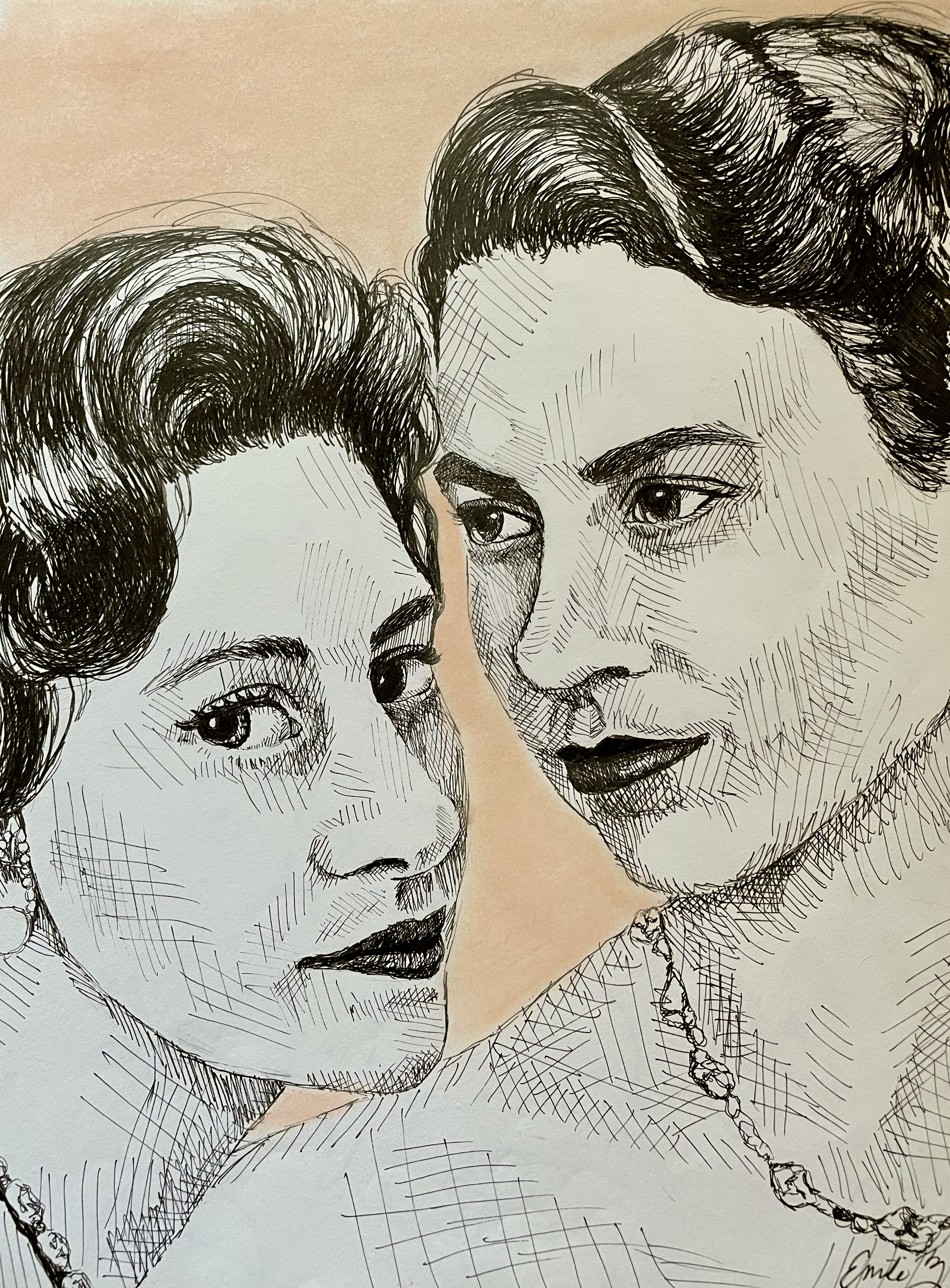 This is of the late Queen Elizabeth II and her sister Princess Margaret. I did this piece around the time I was watching "The Crown."